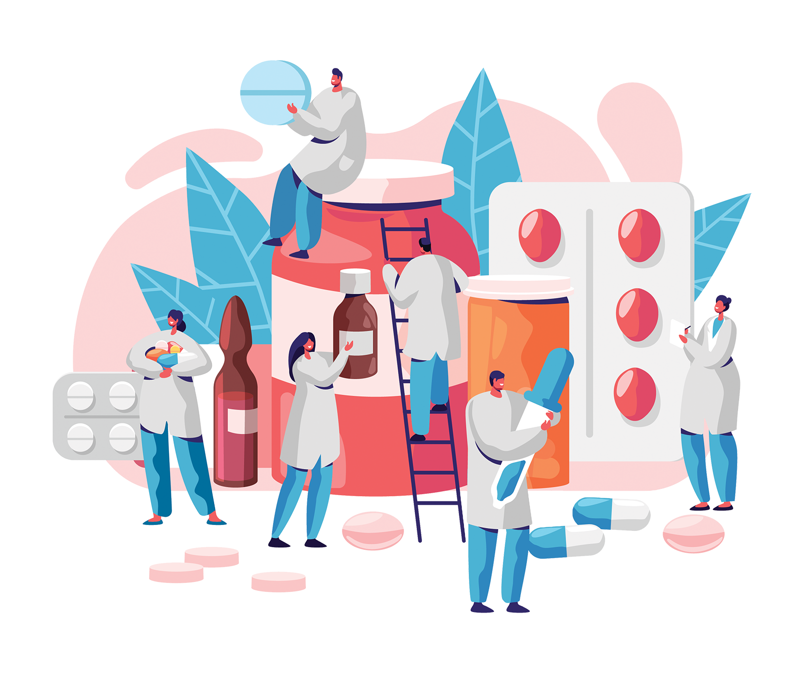 Kaiser GenCare pharmaceutical team illustration with medicines and facilities